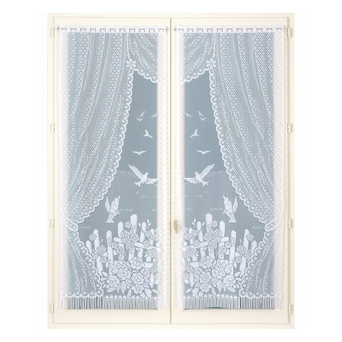 Rovná vitrážová záclona s motívom vtáčikov, pre garnižovú tyč, pár biela 44x120cm